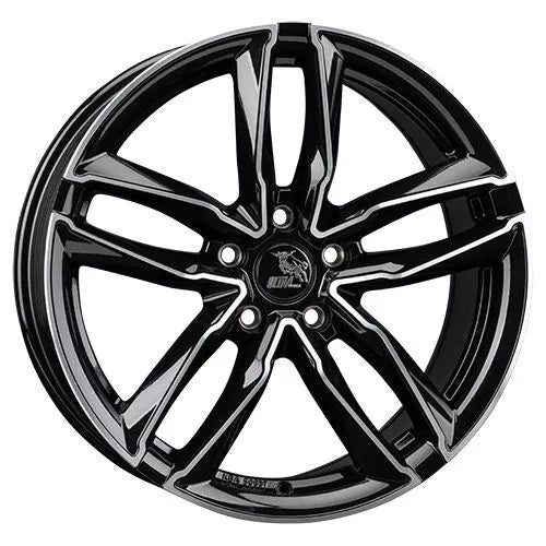 Glossy black alloy car wheel with a modern design
