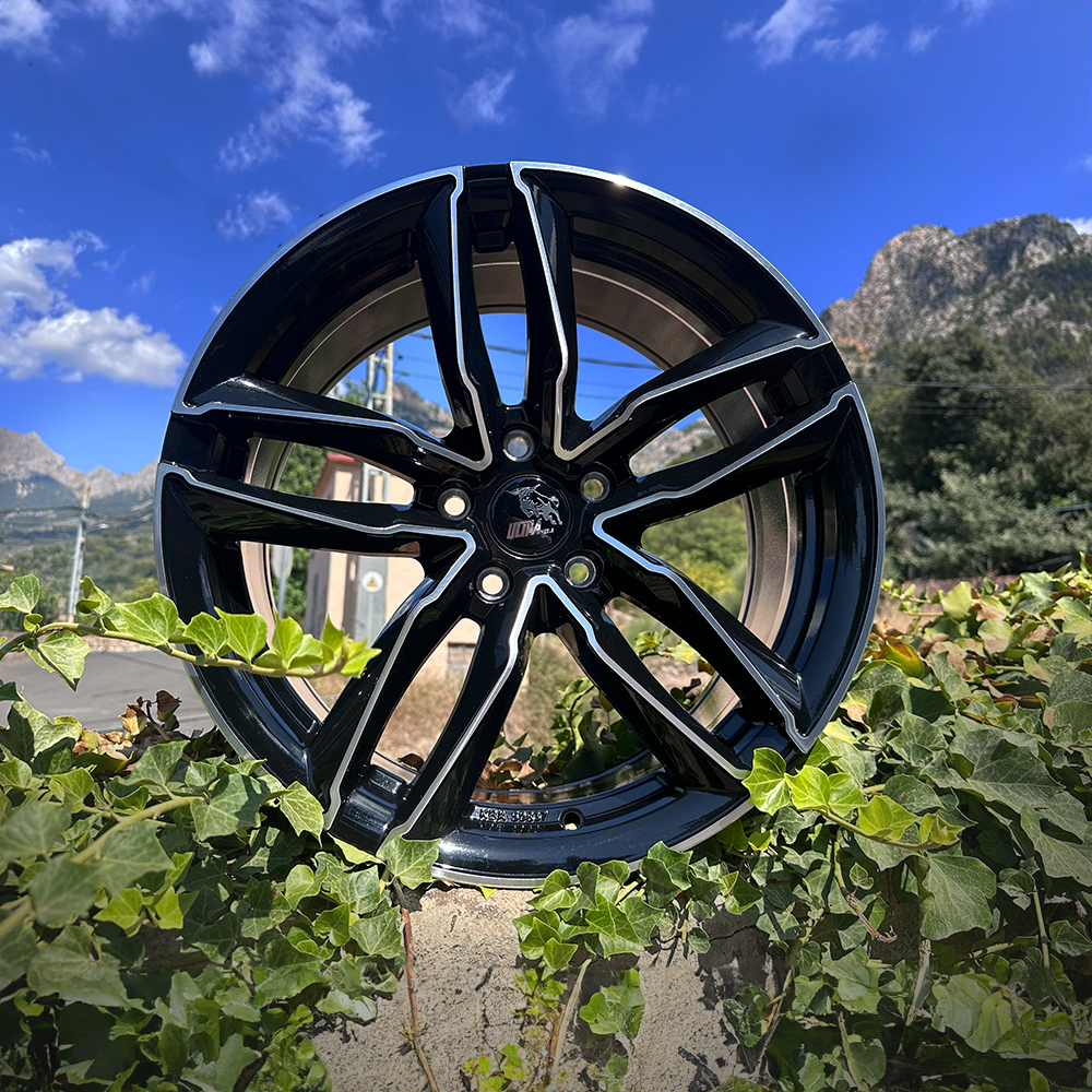 Black alloy wheel surrounded by greenery with a mountainous background